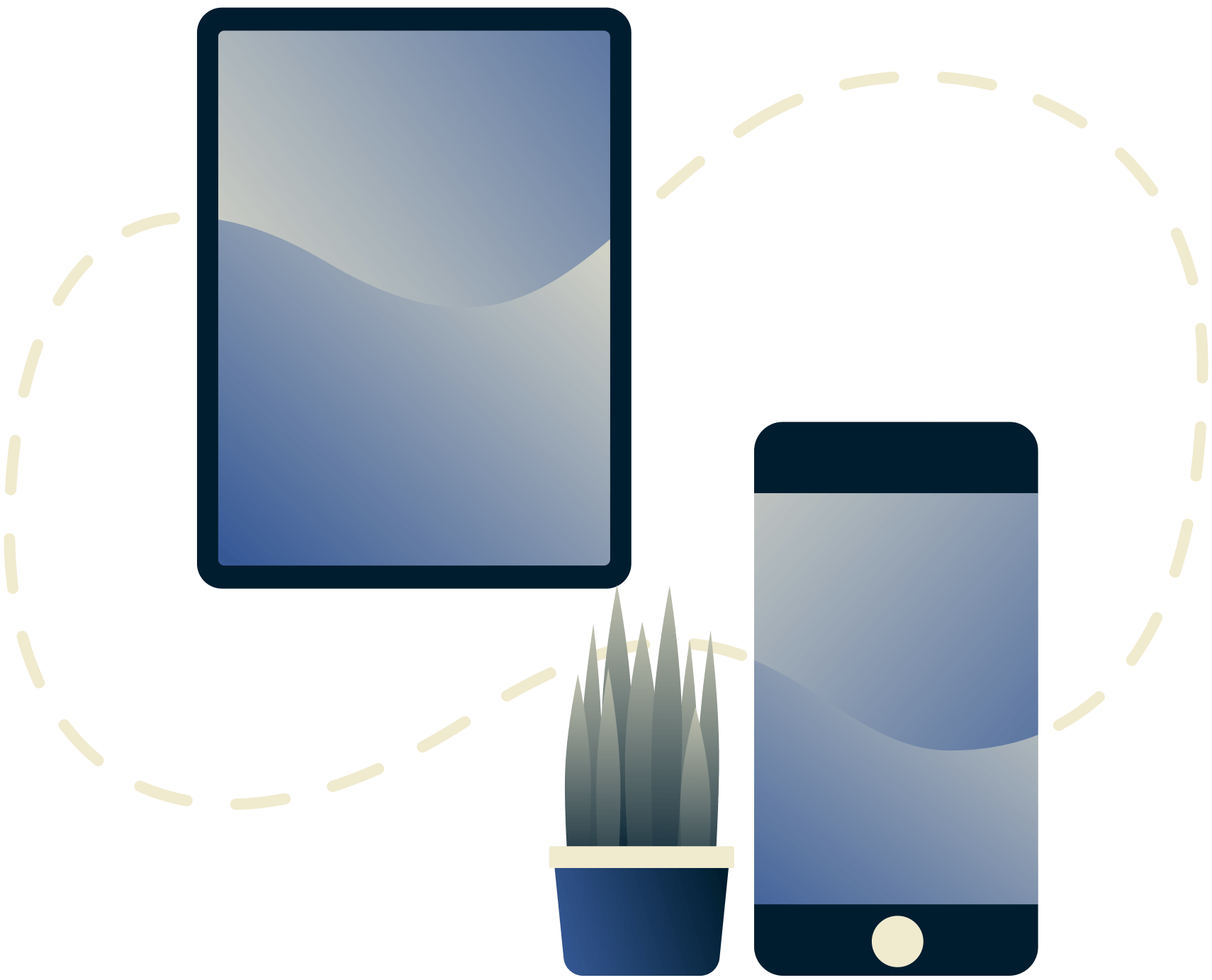 Un tablet e un dispositivo mobile collegati con una linea tratteggiata.